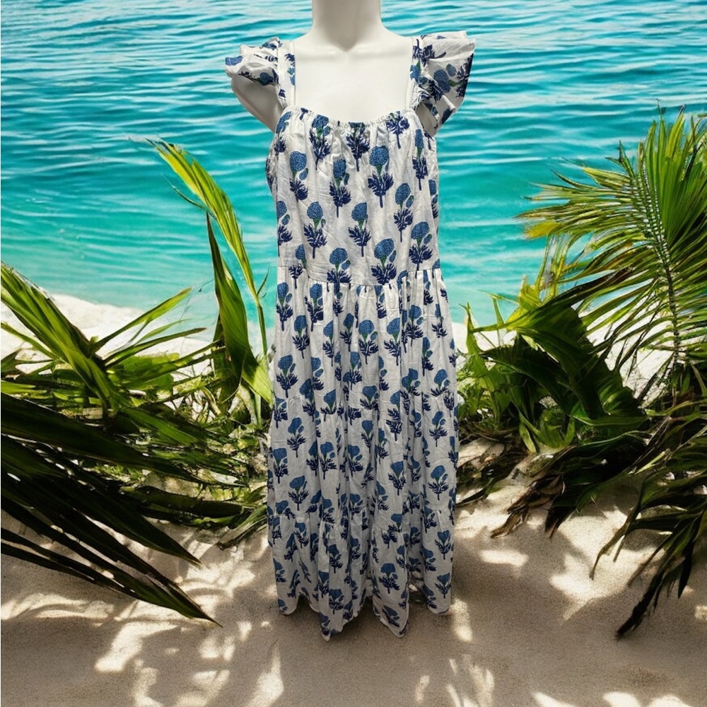 Darlington isle Blue and White Floral Midi handmade cotton Dress size small
